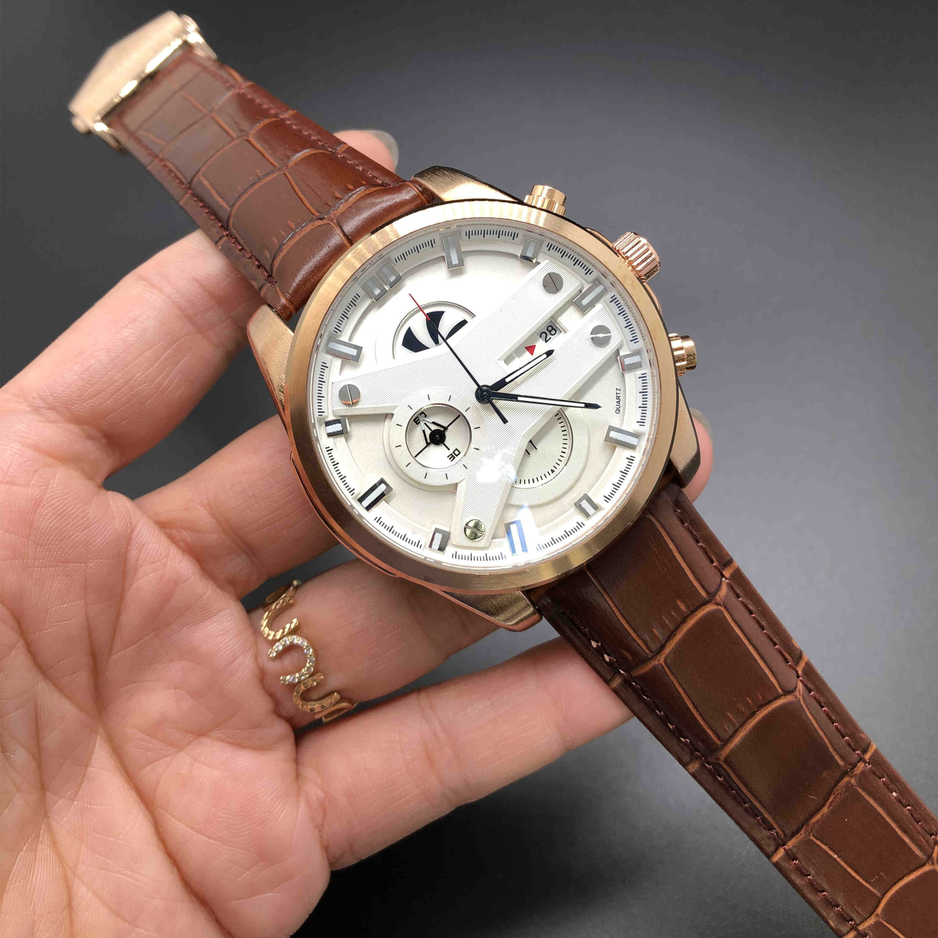 

classic style NEW Watches ARRIVALCalibre SpaceX Chrono Flyback Stopwatch White Dial Brown Leather Belt Mens Sports Gent Watch VK Chronograph