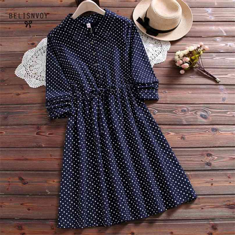 

Japanese Mori Girl Autumn Spring Women Dress Turn-Down Collar Stars Printed Vestidos Elegant Cotton Navy Blue Pink Vintage 210520