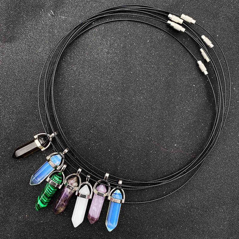 

Natural Stone Crystal Handmade Hexagonal Prism Pendant Choker Necklace For Women Leather Chain Vintage Woman Jewelry