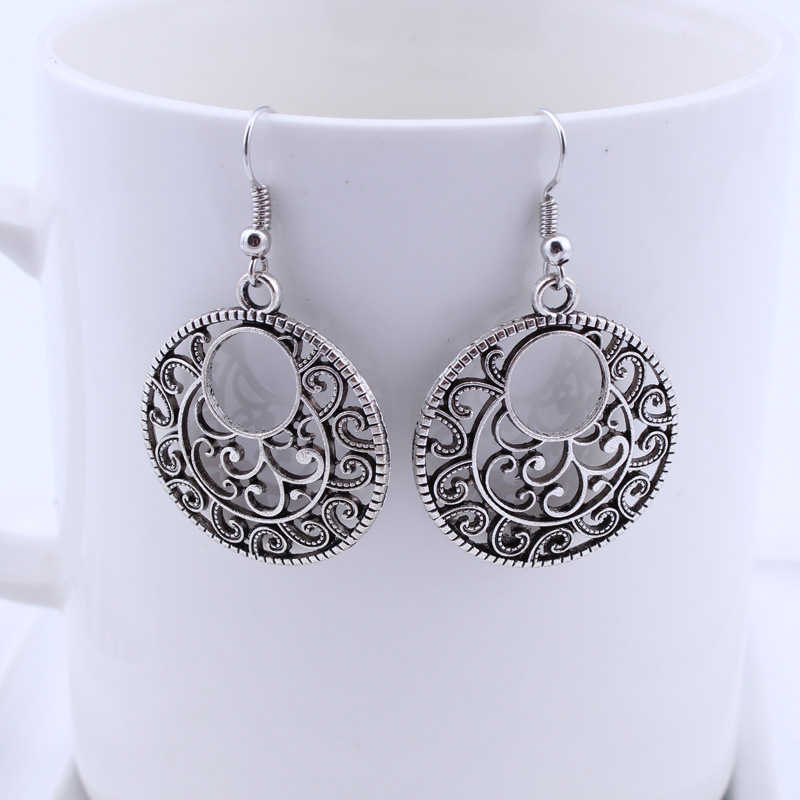 

women's Hollow carved circle Tibetan silver Dangle & Chandelier earrings GSTQE002 fashion gift folk-custom women DIY earring