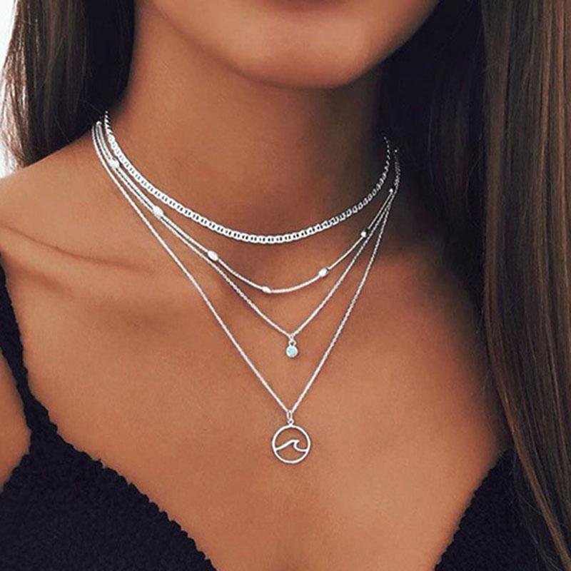 

Pendant Necklaces Vintage Multilayer Thick Beads Chains Sea Wave Necklace For Women Rhinestone Geometric Jewelry Kolye YN1286