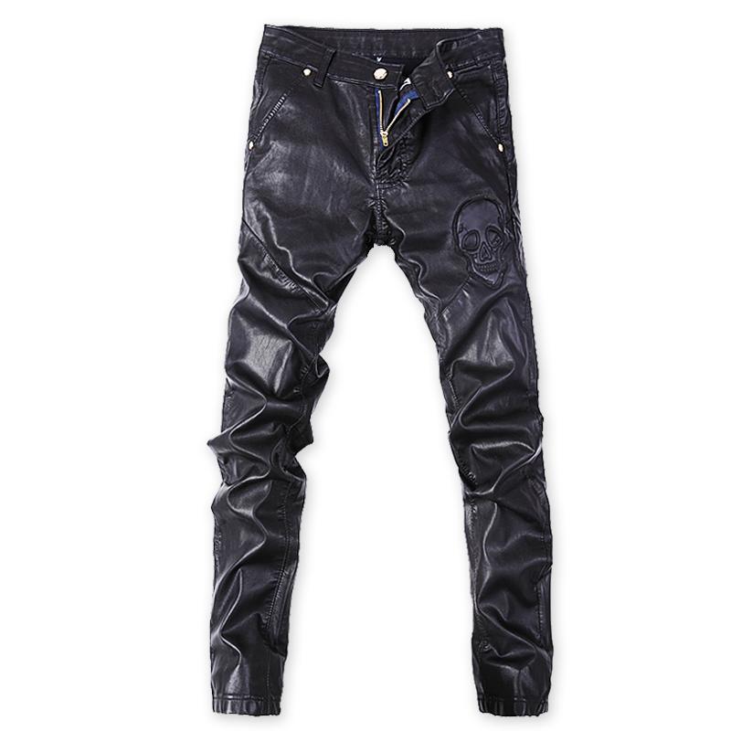 

Men's Pants Faux Leather Trousers Men Skulls Rivet Motorcycle Windproof Autumn Winter Male Casual Skinny Slim Fit Pant Man, Black