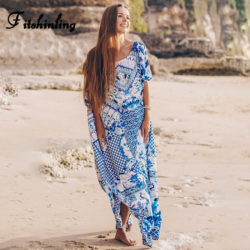 

Fitshinling Oversized Beach Dress Robe 2021 Summer Print Batwing Sleeve Holiday Bikini Cover-Up Loose Sexy Blue Maxi Kaftan New