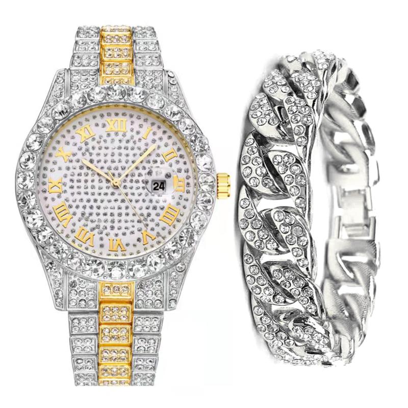 

Wristwatches Full Iced Out Watch + Bracelet For Men Bling Miami Cuban Chain Watches Hip Hop Luxury Gold Set Women Relojes, Full gold 14kuan