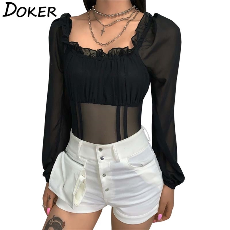 

Autumn Sexy Solid Color Slash Neck Long Sleeve Patchwork Mesh Bottoming Shirt Ruffles Skinny Bodysuits 210603, Black