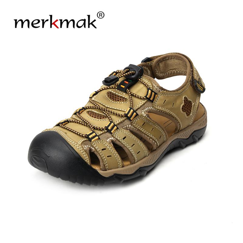 

Sandals Merkmak 2021 Male Shoes Genuine Leather Men Summer Beach Man Outdoor Casual Sneakers Plus Size 48, Black