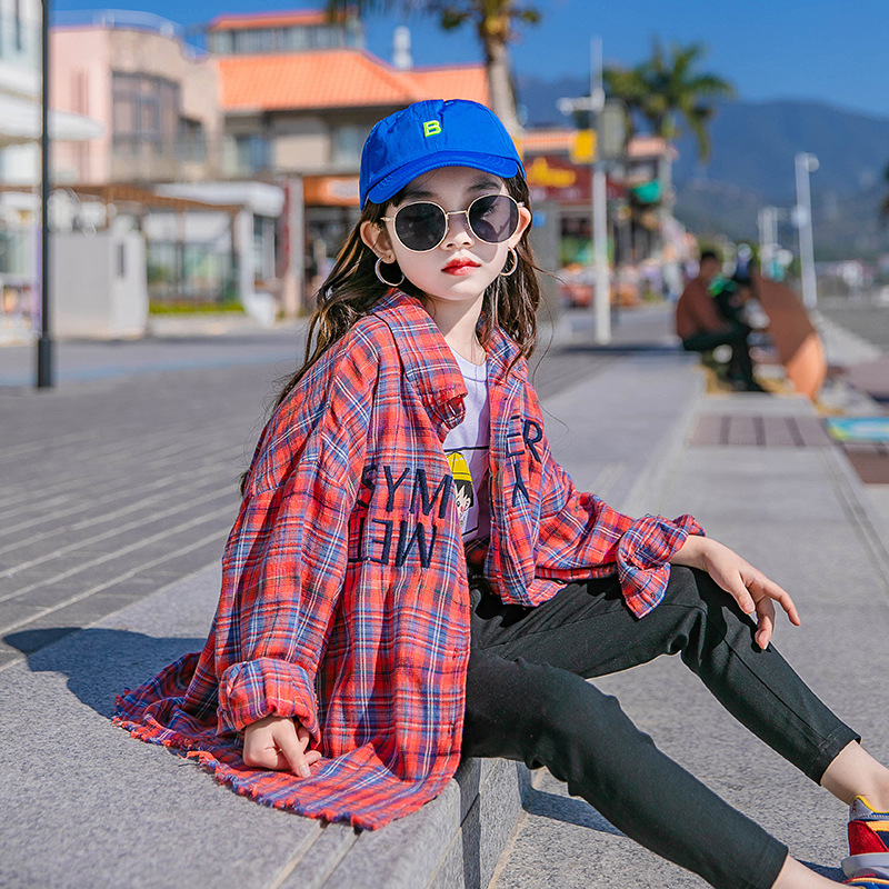 

INS Fashions Big Girls T-shirts Plaid Children Turn-down Collar Street Wears Spring Child Tops, Blue