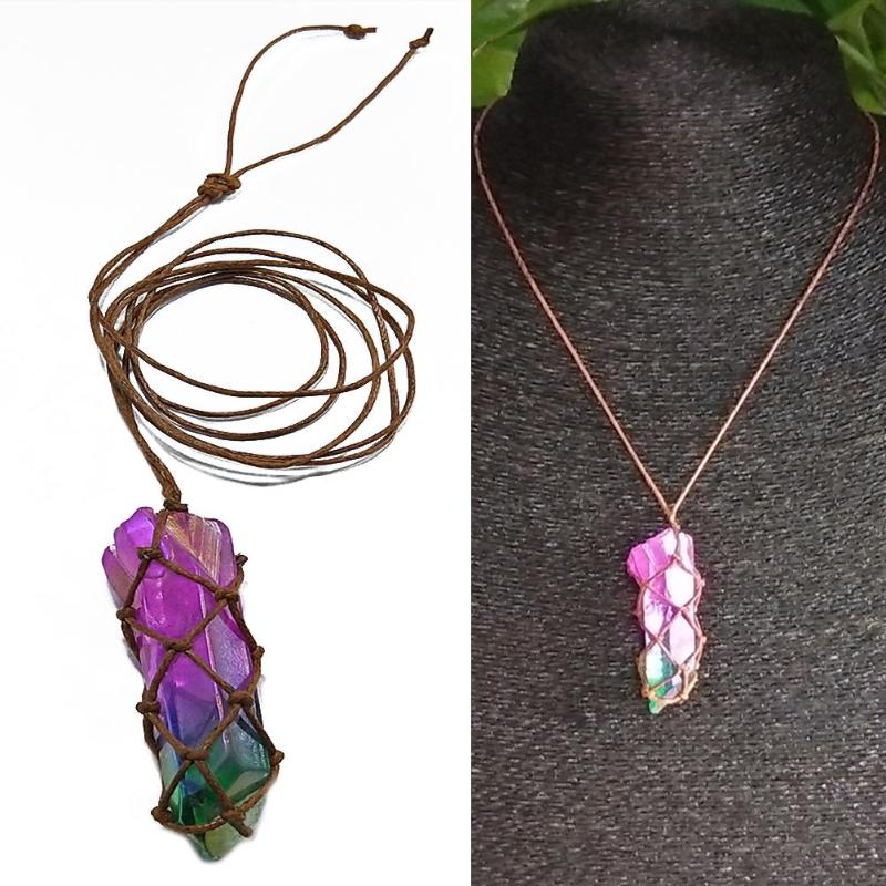 

Pendant Necklaces Natural Faux Purple Green Quartz Crystal Column Handmade Weave Rope Necklace Jewelry Unisex Men Women Gift