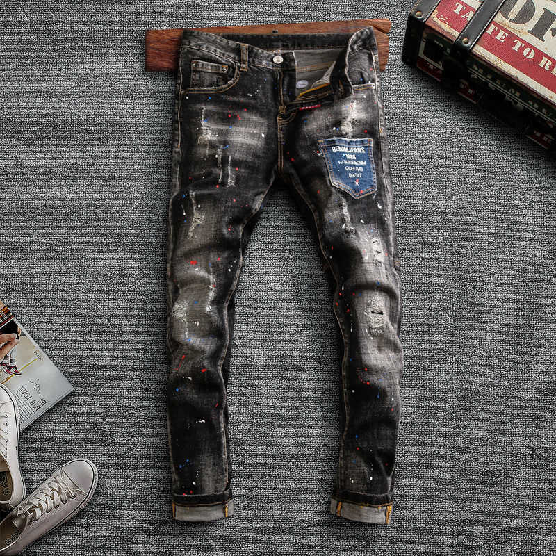 

Fashion Streetwear Men Jeans Elastic Slim Fit Ripped Cotton Denim Punk Trousers Retro Black Gray Designer Hip Hop Pencil Pants