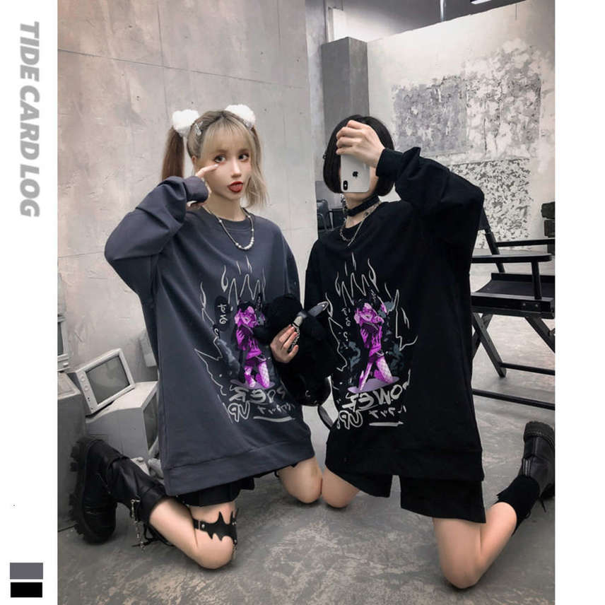 

Autumn and winter new round neck Pullover loose long sleeve sweater dark secondary student cartoon printed blouse female, Black