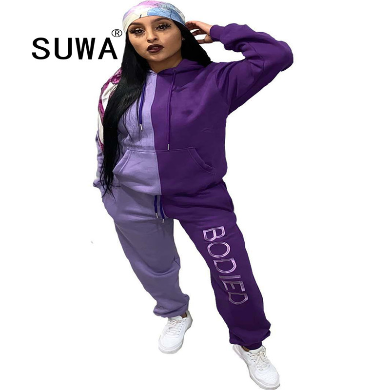 

2 Color Patchwork Matching Sets For Women Winter 2 Pieces Outfits Pullover Hoodies Sweatshirt + Trousers Casual Fitness Wear 210525, Purple