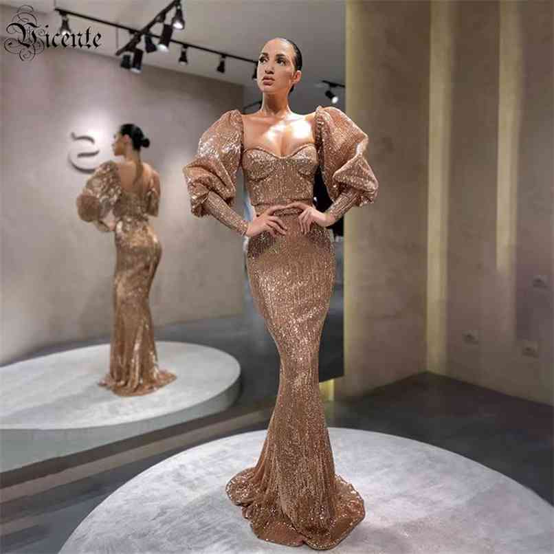 

Women's Dress Celebrity Party Cocktail Gold Sequin Puff Sleeve Long 210520