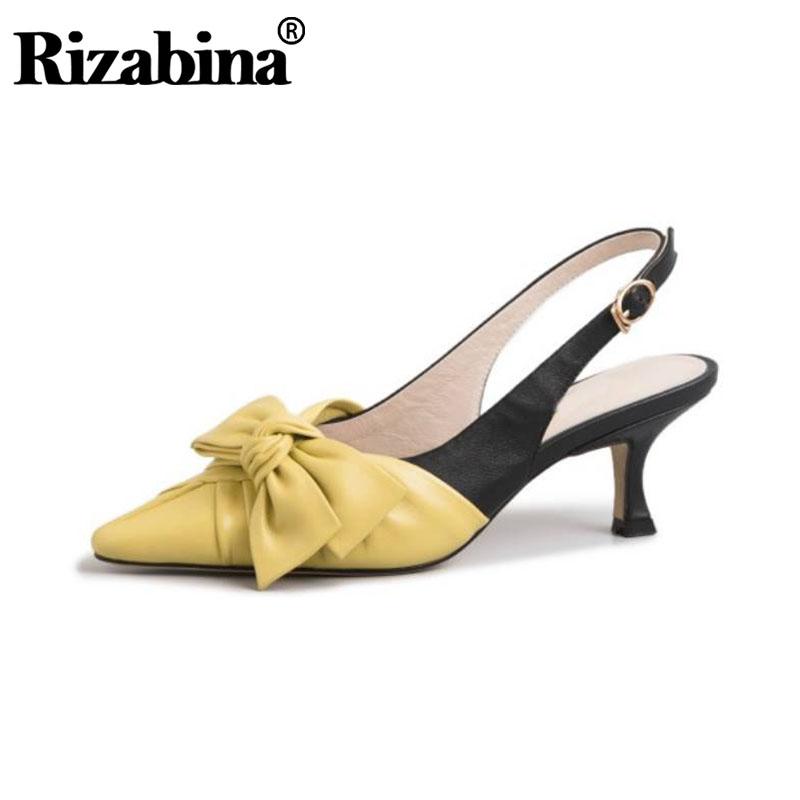 

RizaBina Women Fashion Pumps Shoes Slingbacks Metal Buckle Special Heels Genuine Leather Bowknot Footwear Size 33-43 Dress, Black