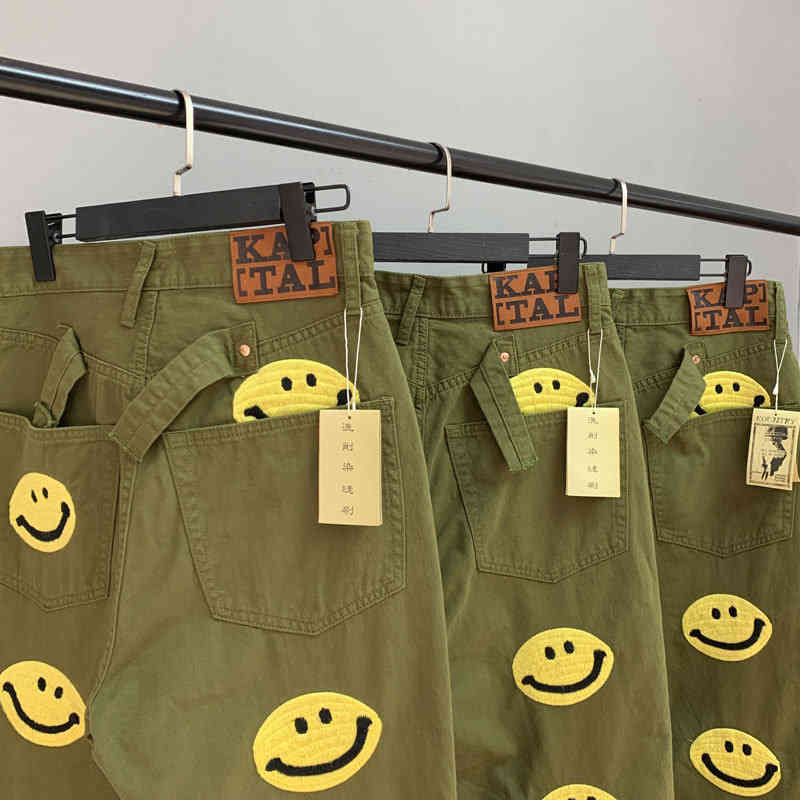 

Kapital kountry Hirata Hehong embroidered smile face overalls jeans antique high street, Army green