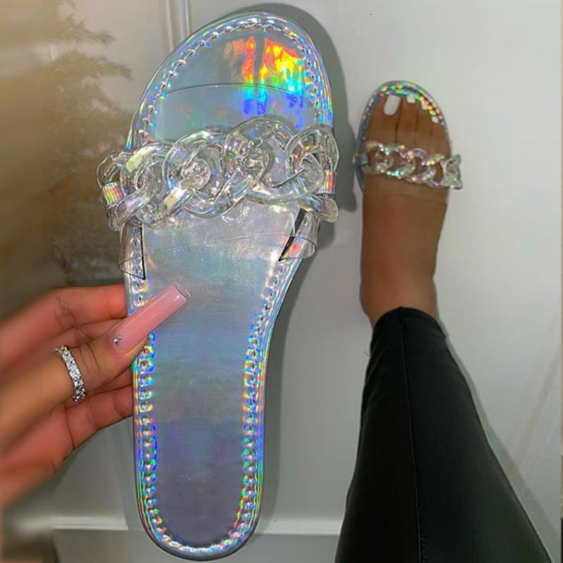 

luxury slippers 2021 summer round head flat bottom transparent metal chain i-shaped slipper's large beach sandal, Black