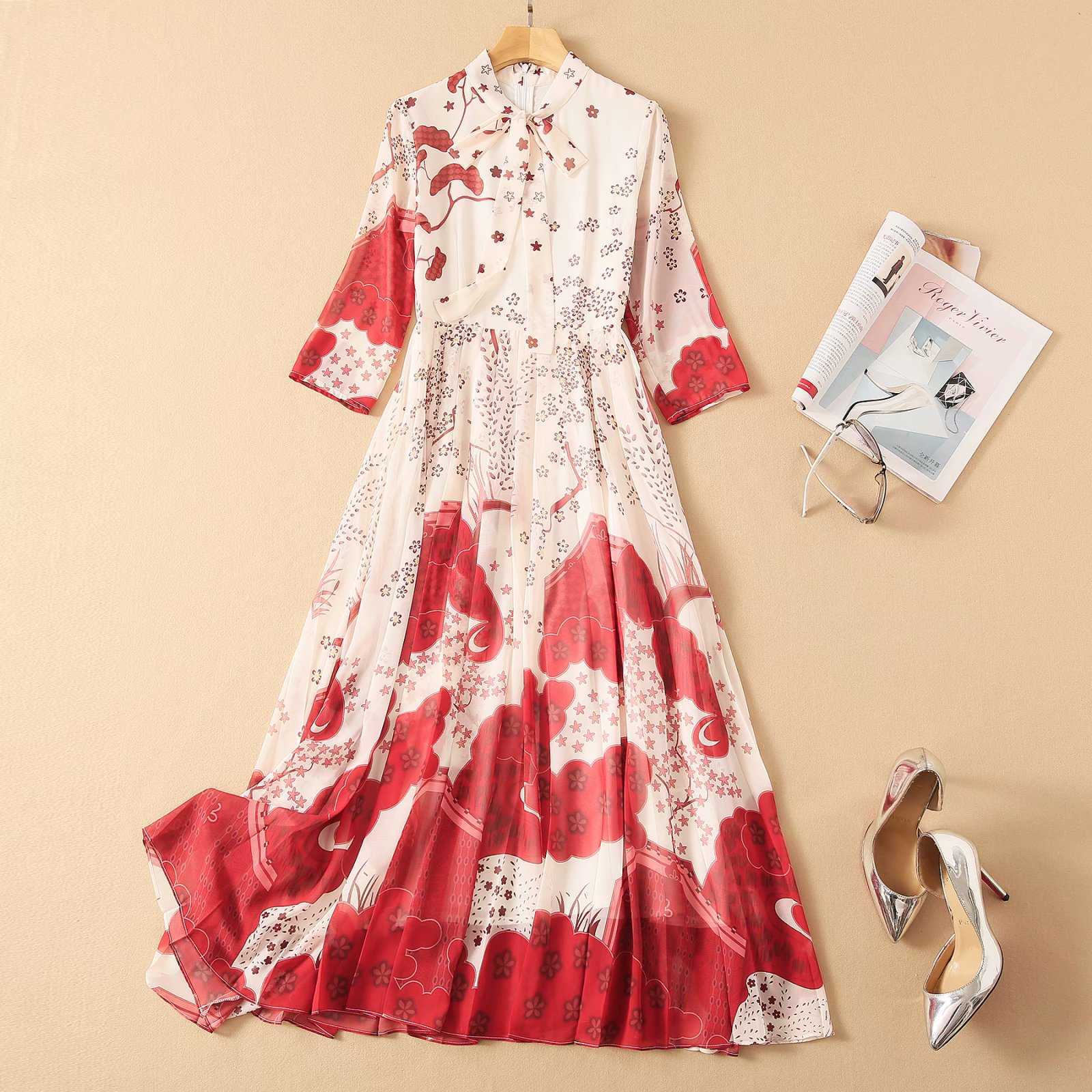 

HIGH QUALITY Summer Runway Style Dresses Women's Elegant Bow Collar Half Sleeve Stunning Printed Red Floral Long Dress 210526, Mixed color