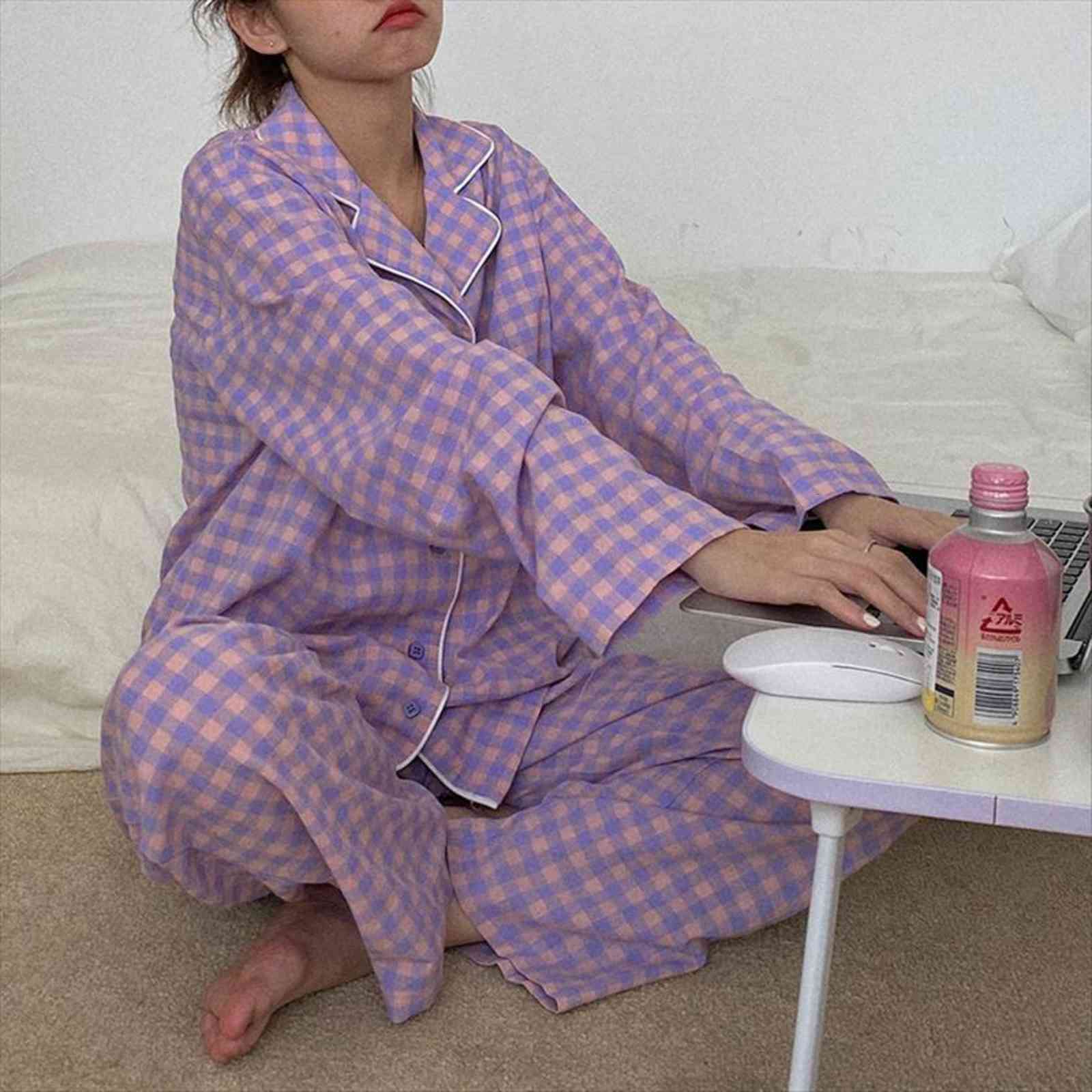 

korean style plaid printed pajamas womens sleepwears set autumn full sleeve long pants 2 pieces casual loose sleepwear homewear, Black;red