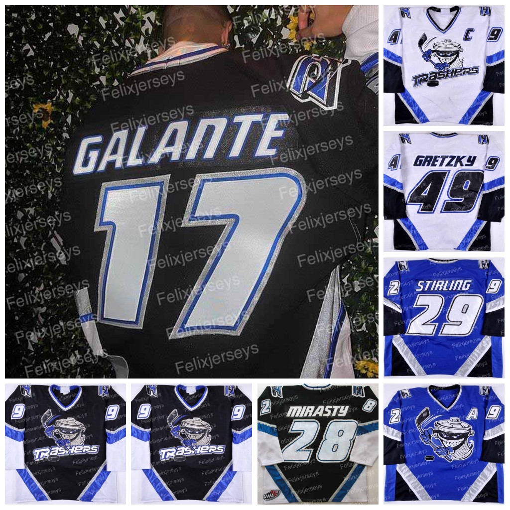 

15-year UHL Danbury Trashers Jersey 17 GALANTE 42 Brad Wingfield 49 Brent Gretzky (C) 29 Scott Stirling (A) 9 Mike Bayrack 28 Jon Mirasty 44 Regan Kelly 32 Luke Sellars, White womens s-xxl