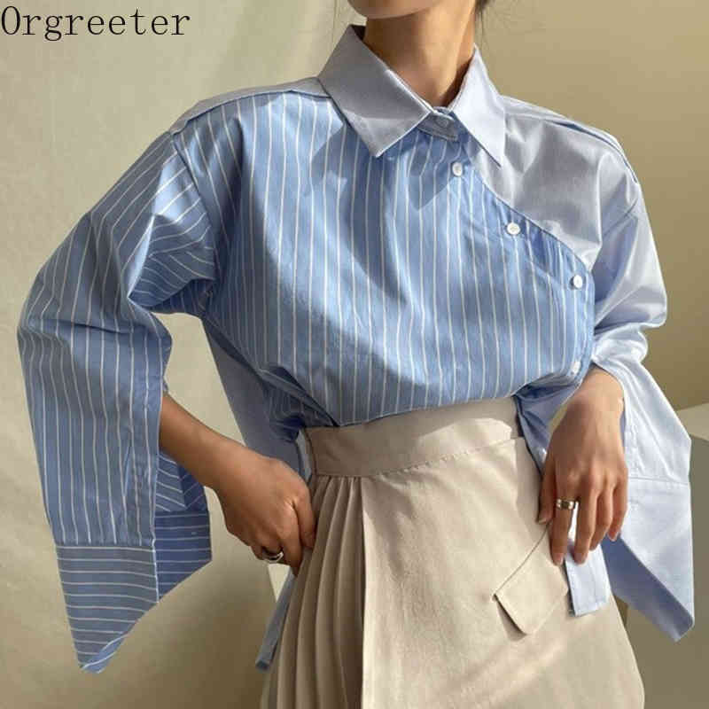 

Chic Striped Contrast Irregular Patchwork Blouse Women Spring Fall Lapel Beveled Single Breasted Long Sleeve Shirt 210525, Blue
