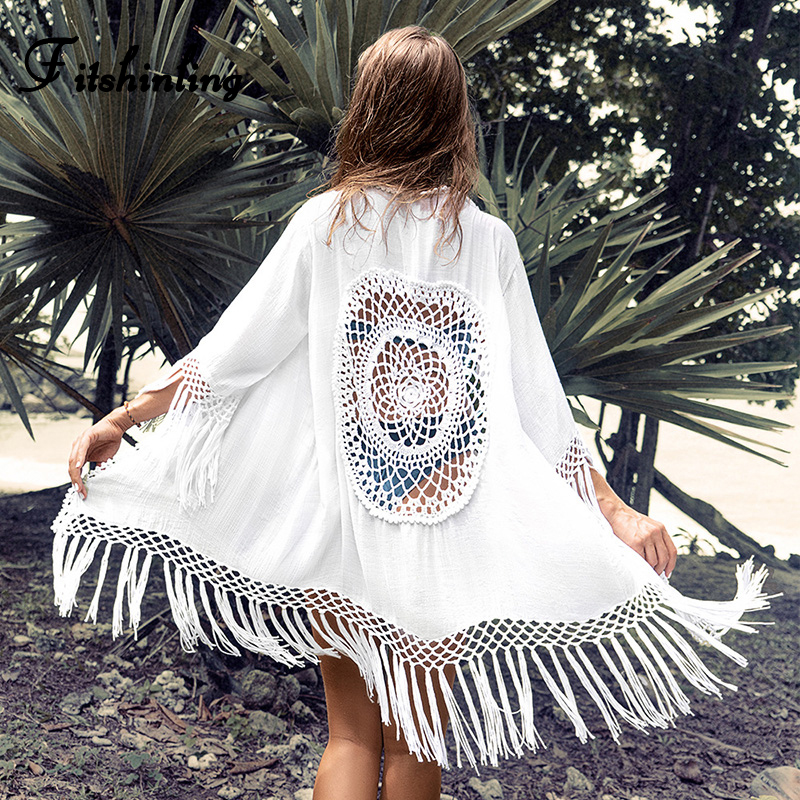 

Fitshinling Bohemian Fringe Beach Cover-Up White Bikini Long Cardigan Crochet Hollow Out Sexy Kimono Swimwear Holiday Outing New