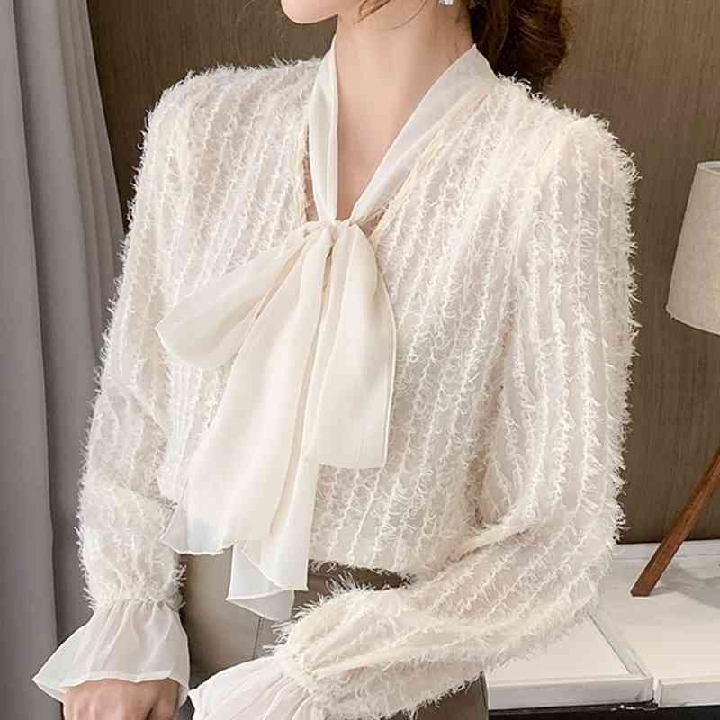 

Long Sleeve Apricot Lace Blouse Shirt Blouse Women Blusas Mujer De Moda Bow V-Neck Blouse Tops Blusa Women Blouses E329 210602