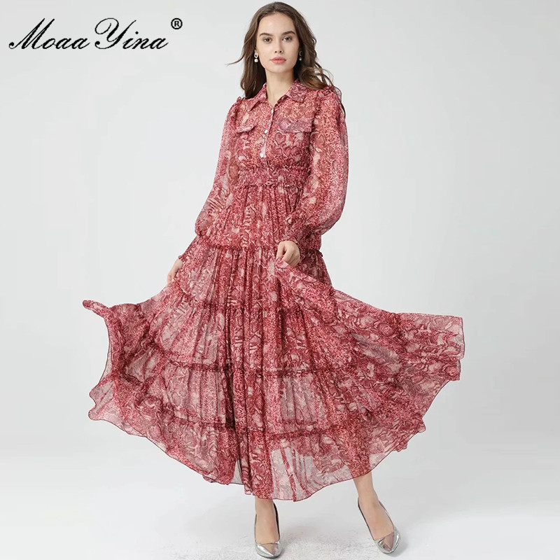 

Fashion Designer Spring Long Dress Women Turn-down Collar Elastic waist Bohemia Serpentine Print Maxi Party 210524, Red
