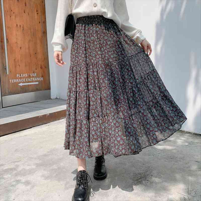 

spring amp autumn arrival solid womens skirt color floral a-line high waist chiffon mid-length free, Black