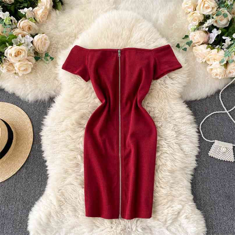 

Solid Ribbed Mini Dress Women Slash Neck Off Shoulder Short Sleeve Front Zipper up Slim Knitting Bodycon Summer Vestidos 210603, Burgundy
