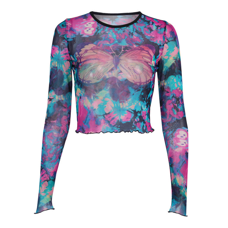 

Paris Girl Printed Mesh Crop Top Summer Long-sleeved Colorful Butterfly T-shirt Fashion Street 210524, Multi