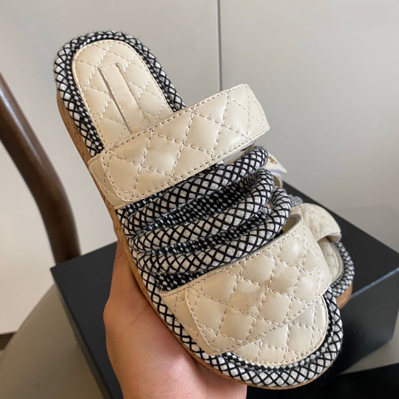 

Women Fashion Designer Hemp Rope Platform Beach Slippers Open Toe Bare Ankle Sandals Diamond Lattice Two-color Cross Braided Rope Laces Matching Shoes