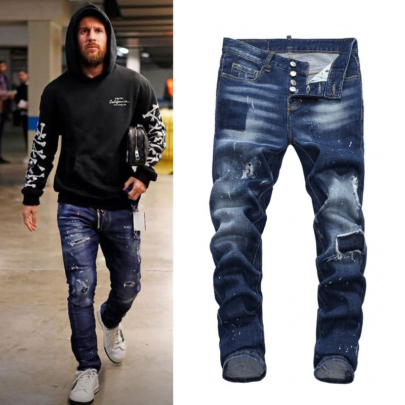 

Skinny Jeans Men Designer Cool Guy Patchwork Ripped Bleach Wash Painted Effect Cowboy Trousers Denim Pants, Blue