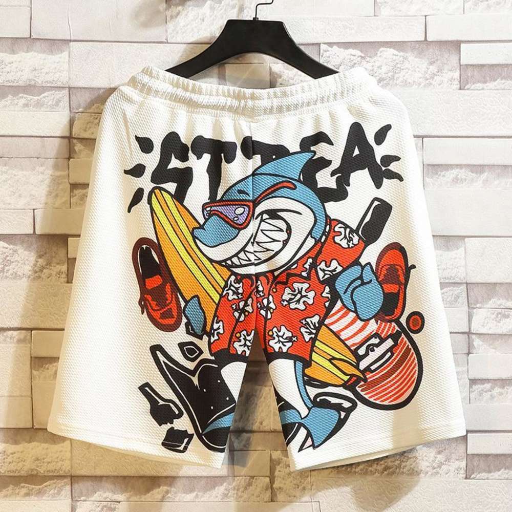 

High quality Summer Beach Animation cartoon shark shorts men's fashion brand large size printed 5-point pants for lovers, Black