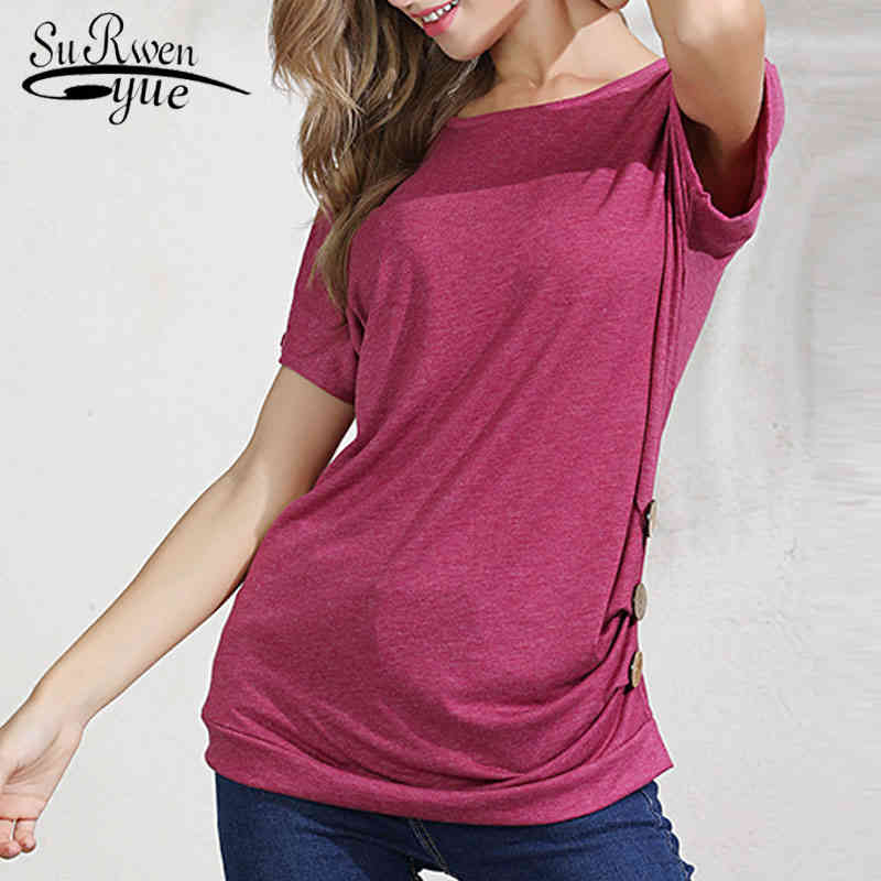 

Fashiom women tops ladies summer short sleeve shirt clothing harajuku Button O-Neck Solid 4181 50 210521, Red