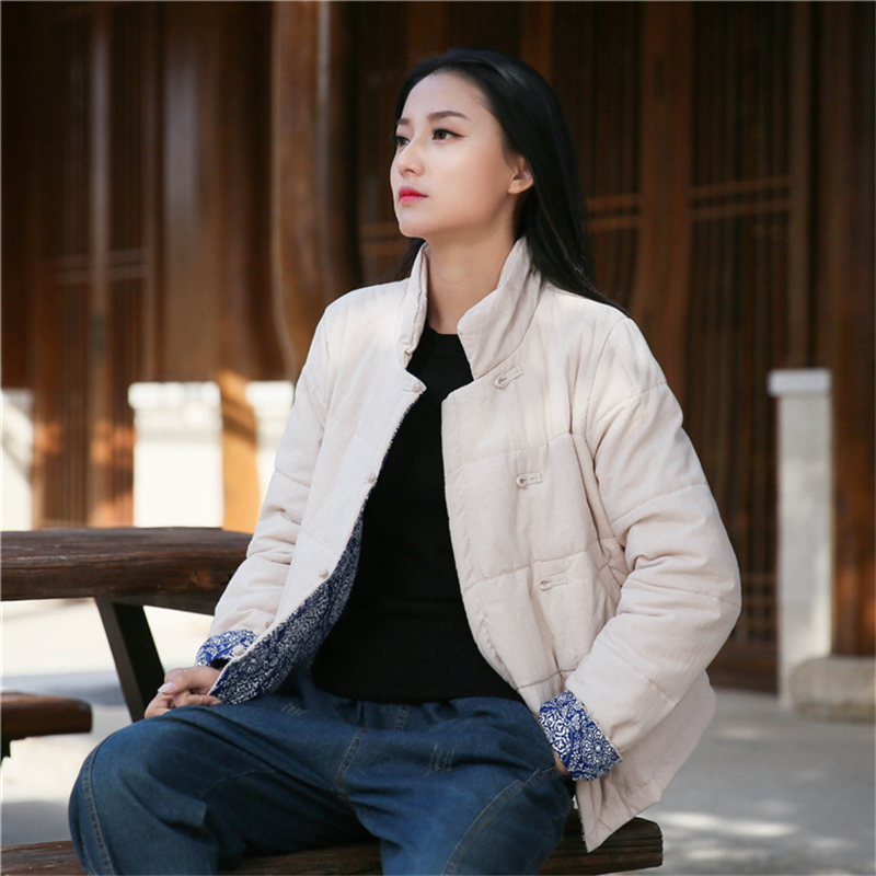 

Johnature Women Chinese Style Stand Parkas Solid Color Button Cotton Linen Coats Winter Vintage Female Clothes Casual Coats 210521, Black
