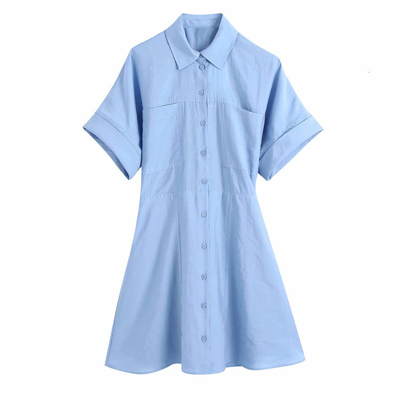 

Casual Dresses Women Spring Summer Fashion Za Double Pockets Blue Mini Female Short Sleeve High Waist Shirt Dress Chic 2SB0