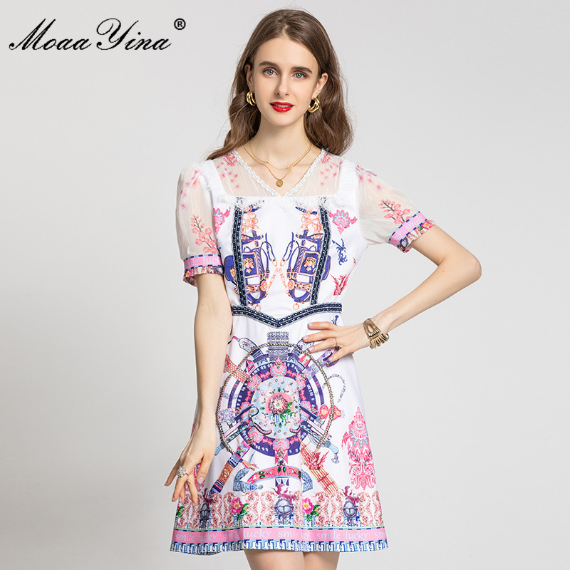 

Summer Fashion Runway Elegant Party Mini Dress Women V-neck Short Sleeve Splicing Beading Flowers Print Dresses 210524, Multi