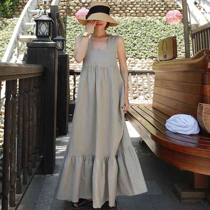

Summer Loose Casaul Cotton Linen Korea Sleeveless Suspenders Dress Dresses Girl Female Big Size E060 210603, Gray