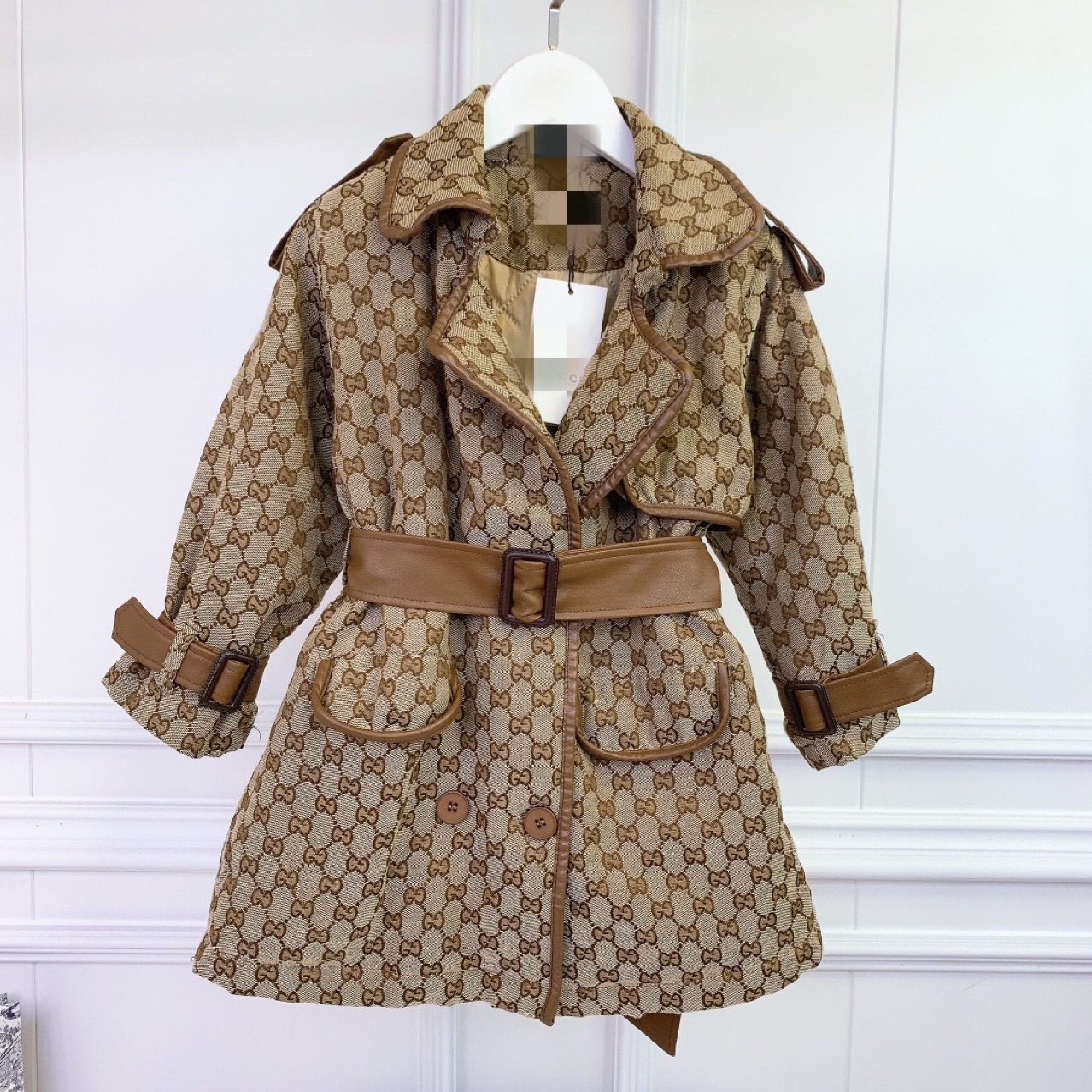 

Children's style British retro jacket temperament waist was thinner belt letter windbreaker boys and girls in the long section, Blue