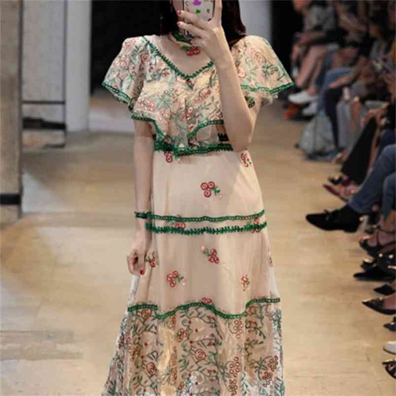 

Women Summer Elegant Mesh Dress Festa High Quality Embroidery Wedding Party Robe Femme Lace Designer Vestidos 210603, Picture color
