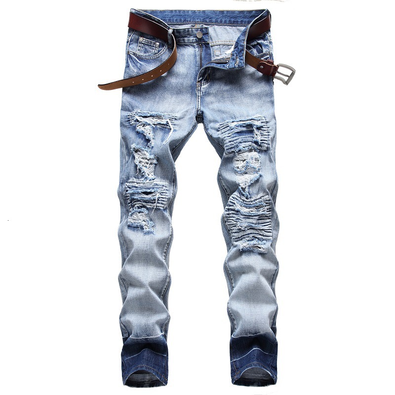 

fashion jeans denim ripped hole moto bike straight men's oversize 38 40 42 2021 autumn spring hip hop punk rock streetwear trouers, Blue