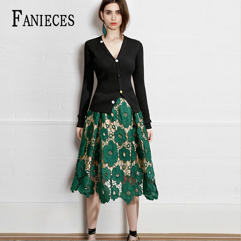

High Waist Skirts womens Casual Vintage Midi woman Lady Lace Fashion skirt lining Saia Mujer Faldas saias mulher 210520, Green