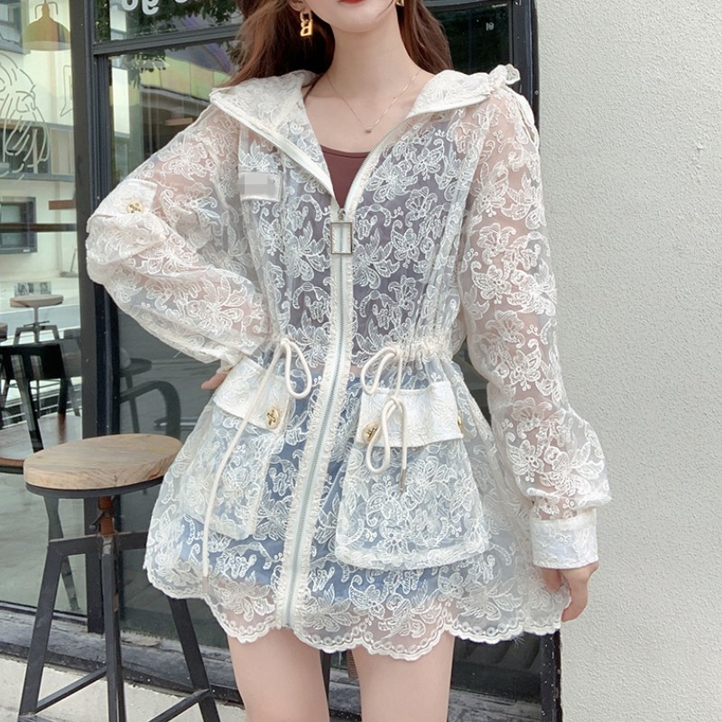 

Summer Sweet Lace Embroidery Sun Protection Hooded Jacket Coat Women Zipper Casual Drawstring Vacation Chic Top 210518, Photo color