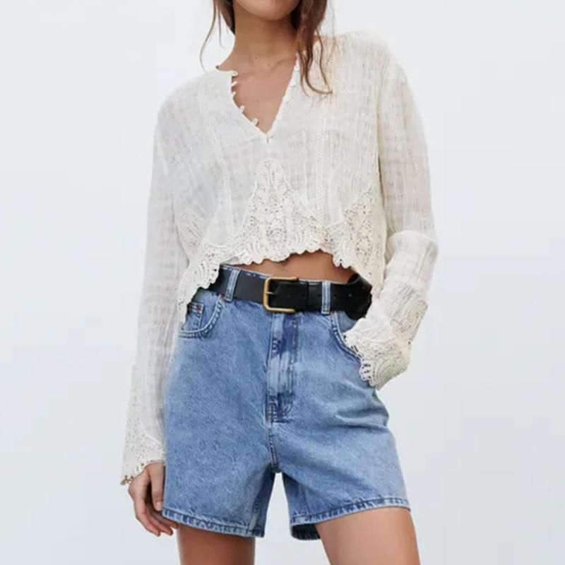 

Women's Blouses & Shirts GypsyLady Boho Vintage Cropped Shirt Blouse Long Sleeve Autumn Chic Women Lace Hollow Out Holiday Ladies Top, Ivory