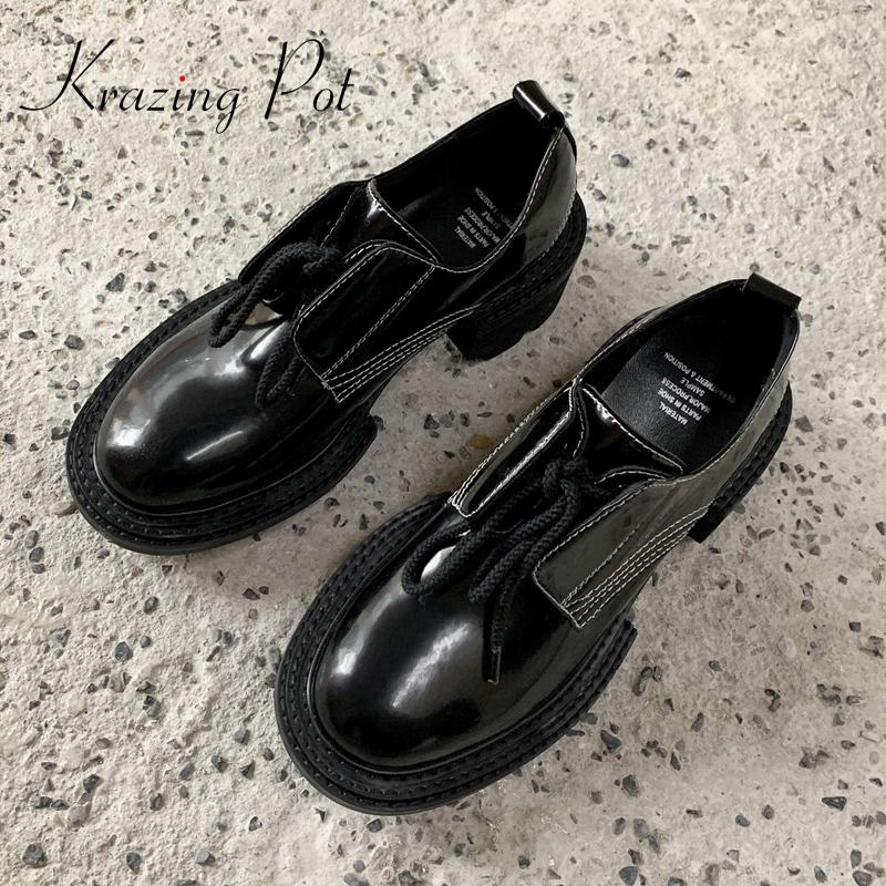 

Krazing Pot England Style Split Leather Round Toe High Heels Young Lady Streetwear Brand Shoes Simple Solid Women Pumps L16 Dress, Black