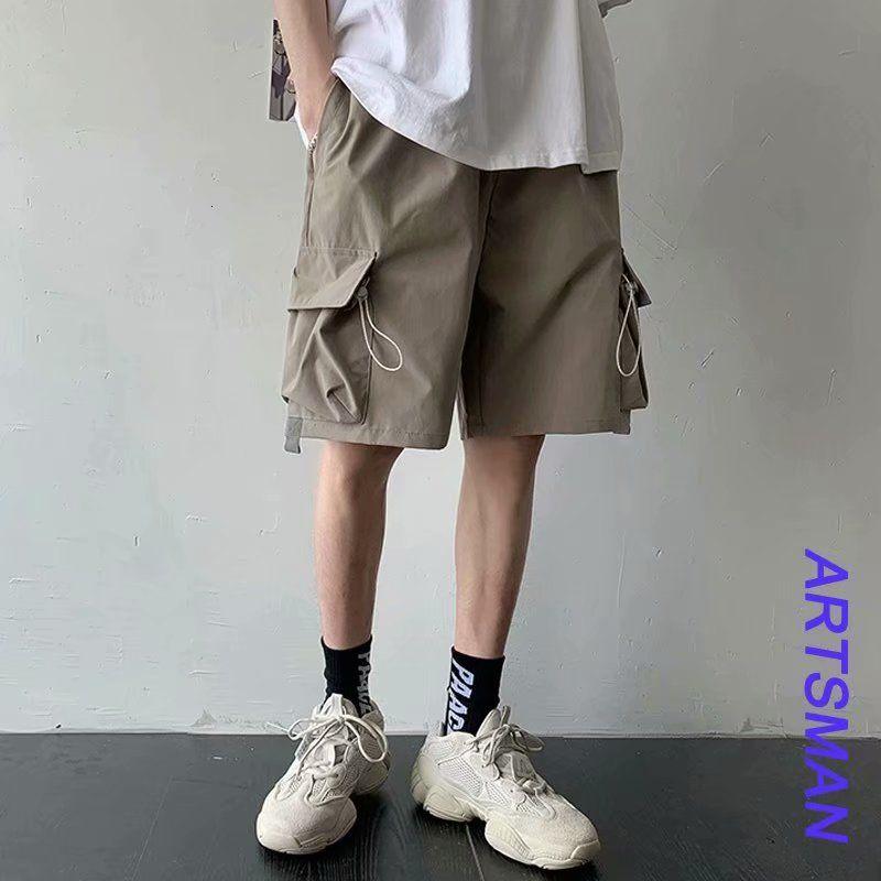 

Men's Shorts Summer Drawstring Fashion Black Khaki Pocket Men Streetwear Korean Loose Hip-hop Reflective Mens, White;black