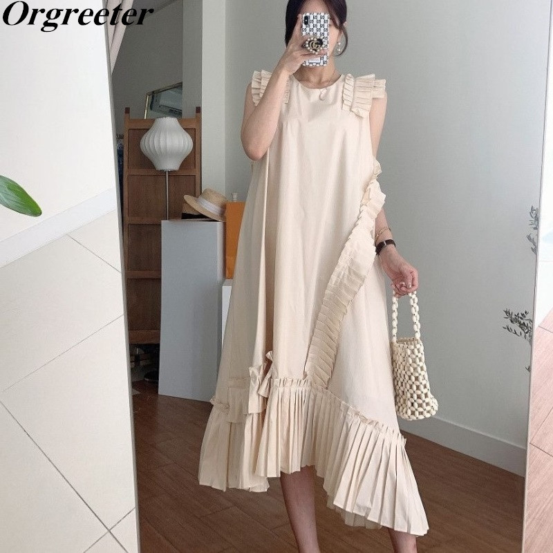 

Summer Chic Flying sleeve Loose Solid Irregular Mid Long Dresses for Women Pleated Ruffles Stitching A-line Dress 210525, Black