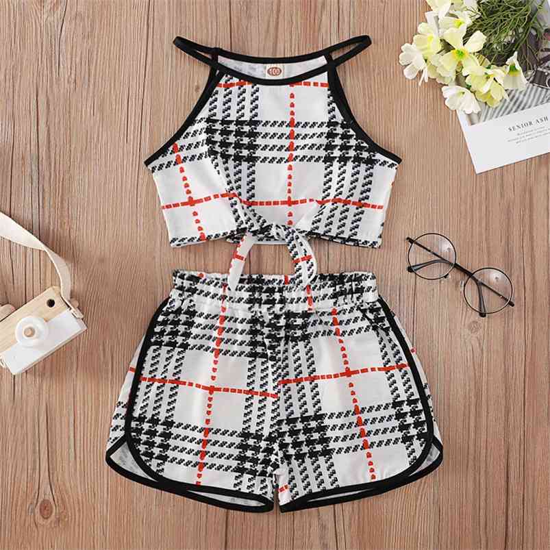

Summer Children Sets Casual Sleeveless O Neck Tops Plaid Printting Shorts 2Pcs Girls Boys Clothes Set 1-8T 210629, White