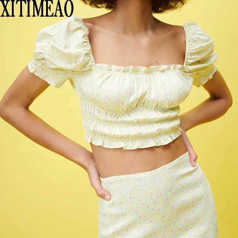 

ZA Women Sweet Fashion Retro Printing Blouses Vintage Square Neck Puff Sleeve Frenulum Of Back Female Chic Short Tops 210602, Yellow
