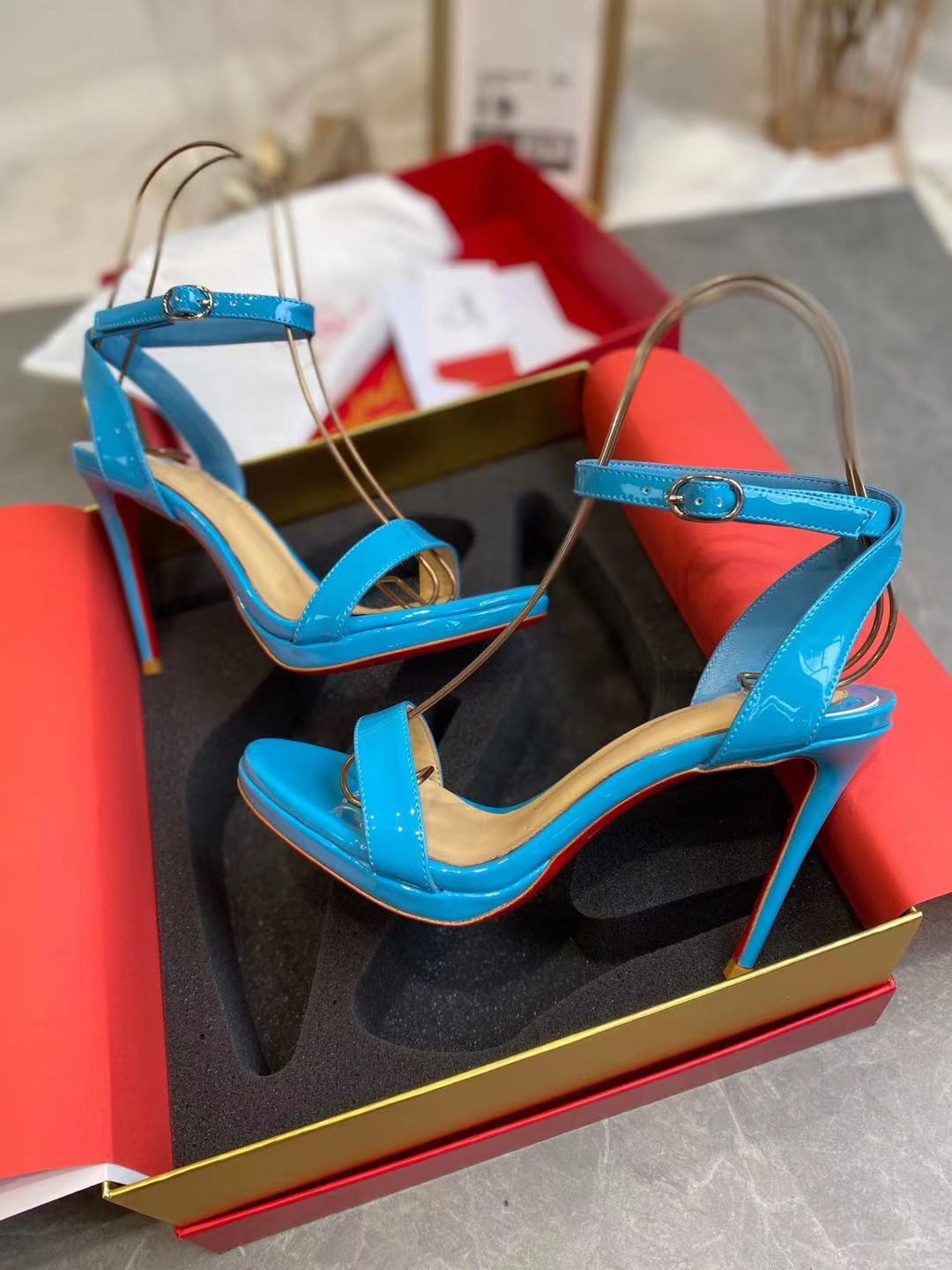 

genuine leather woman summer stiletto heel sexy sandals femal brand design red bottom ankle strap sandals beautiful ladies party wedding dress shoes size 35-43, As pic 1