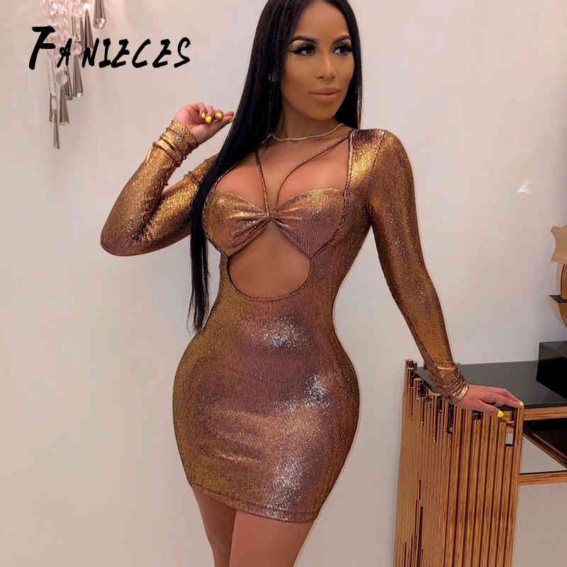 

Hollow out Autumn Winter ins fashion Mini Party Dress Women Casual skinny Short blue es Long Sleeve Sexy nightclub 210520, Silver